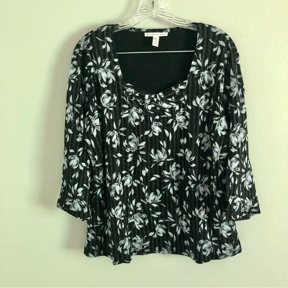JM Collection Plus Size Black Floral Three-Quarter Sleeve Blouse